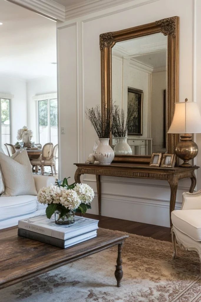 A stylish living room featuring a vintage-inspired mirror with an ornate gold frame, a wooden coffee table stacked with books, and a vase of white flowers. Soft neutral colors dominate the space, complemented by elegant furniture pieces.