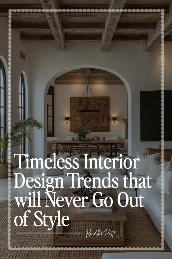 A stylish living room showcasing timeless interior design trends with natural light, wooden beams, and neutral furnishings.