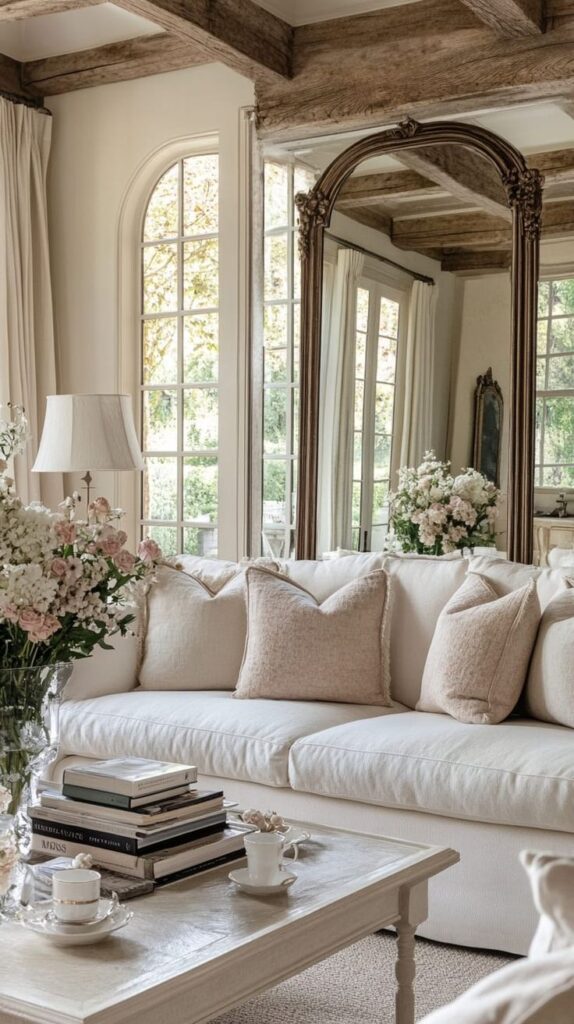 A cozy living room featuring a white sofa with decorative pillows, a coffee table with stacked books and a teacup, and a vase of flowers, all set against a backdrop of large windows and a decorative mirror.