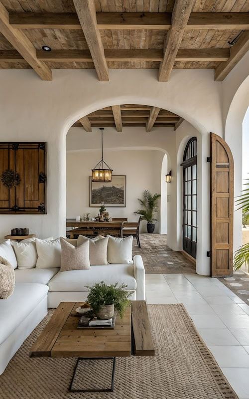 A beautifully designed living space featuring wooden ceiling beams, a light-colored sofa with decorative pillows, a wooden coffee table, and a woven rug, accentuated by natural light and stylish decor elements.