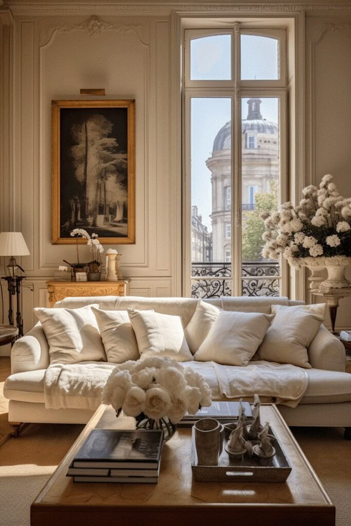 A beautifully styled living room featuring a white sofa adorned with multiple cushions, a coffee table with decor items, and large windows showcasing a view of a historic building.