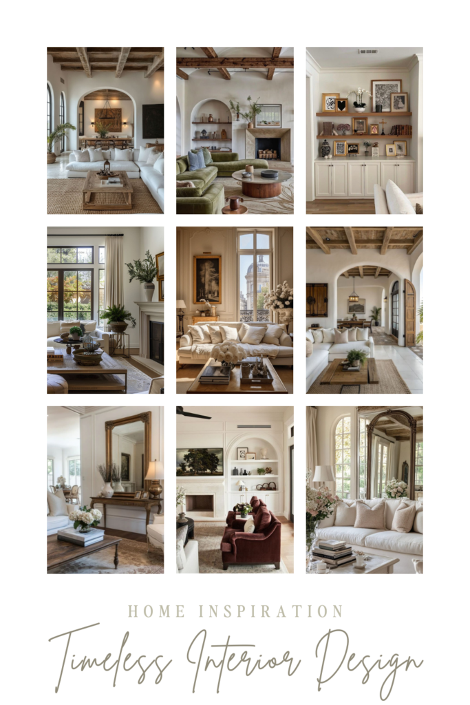 A collage of nine beautifully designed living spaces showcasing timeless interior design featuring neutral color palettes, natural materials, built-in functionality, classic furniture silhouettes, and subtle patterns.