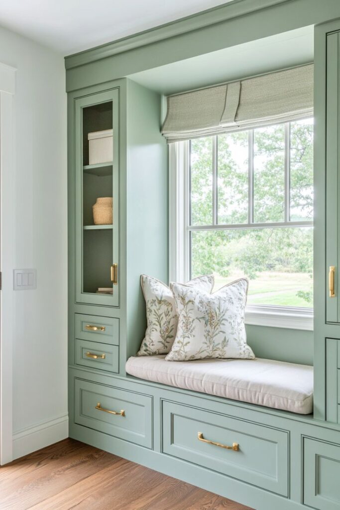 A cozy window nook featuring built-in cabinetry painted in a soft green color, with decorative pillows and a cushioned seat, surrounded by natural light from the window.