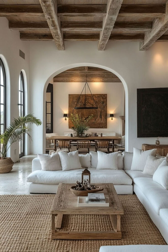 A cozy living room featuring a large white sectional sofa adorned with textured pillows, a rustic wooden coffee table, and a natural fiber rug. Behind the sofa, there are large arch windows letting in light, wooden beams on the ceiling, and a dining area with a wooden table and chairs.